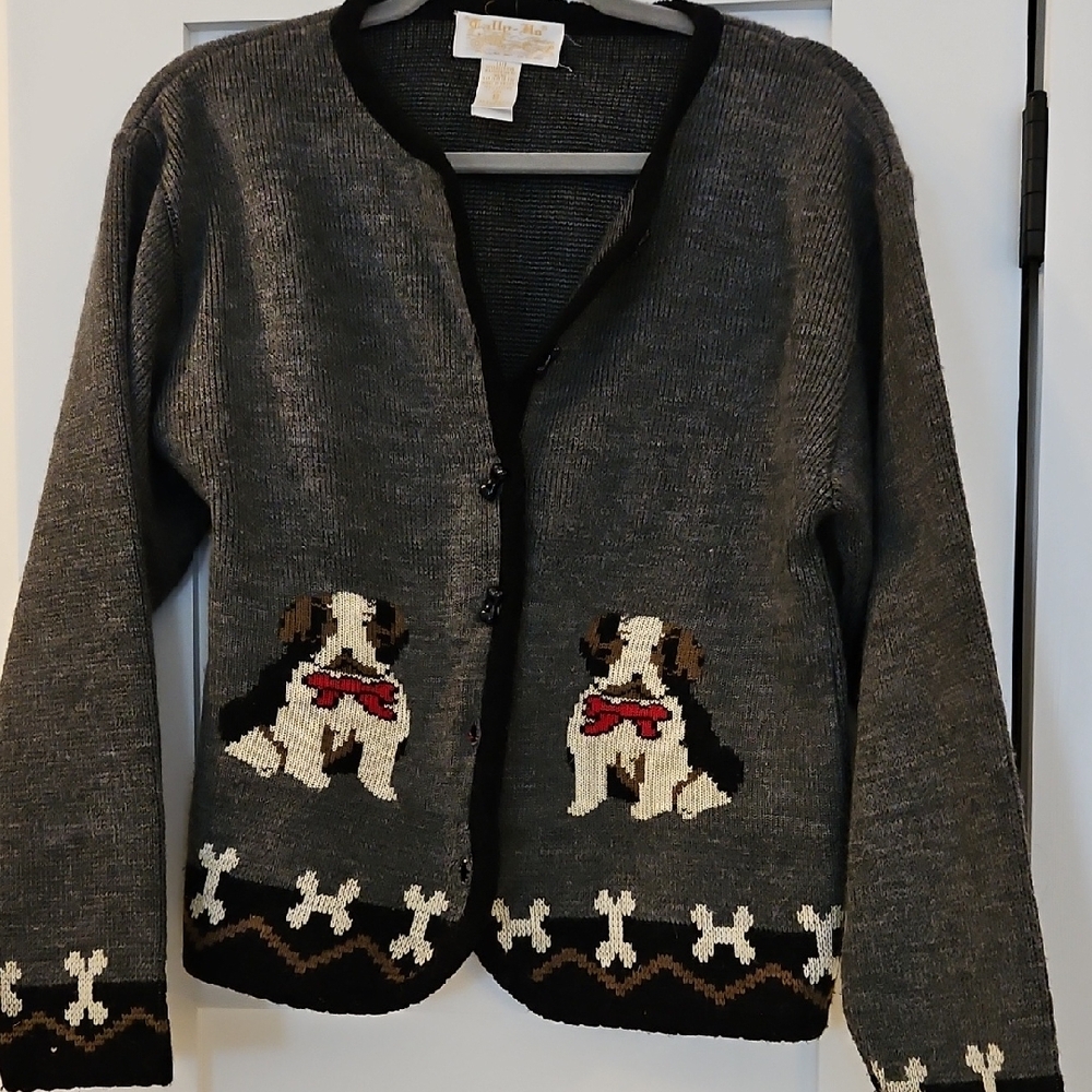 Tally Ho Charcoal Cardigan with Dog Motif